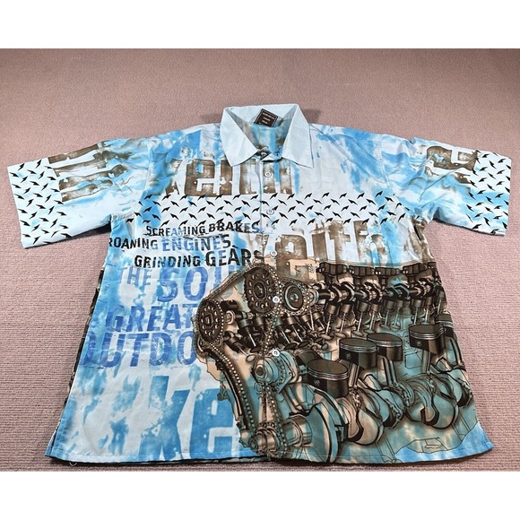Solo Limited Mens Button Up Shirt XL‎ Engine Print 100% Polyester Cars Motors - Picture 1 of 9